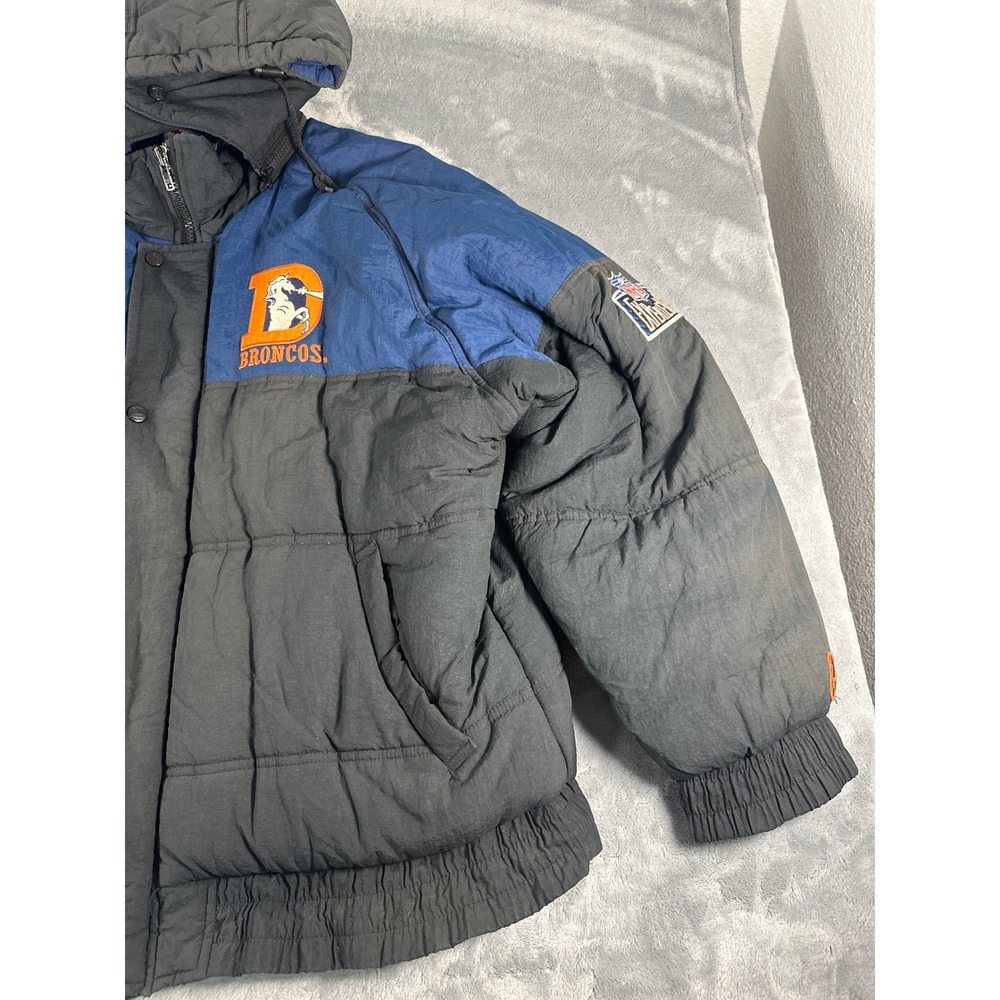 Vintage Pro Player Denver Broncos Puffer Jacket Blue Black Hooded Mens Large NFL - Picture 5 of 16